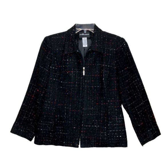 Sag Harbor Jackets & Blazers - NEW - SAG HARBOR Black, Red, White Tweed Zip Front Blazer w/ Pockets - Size 12P